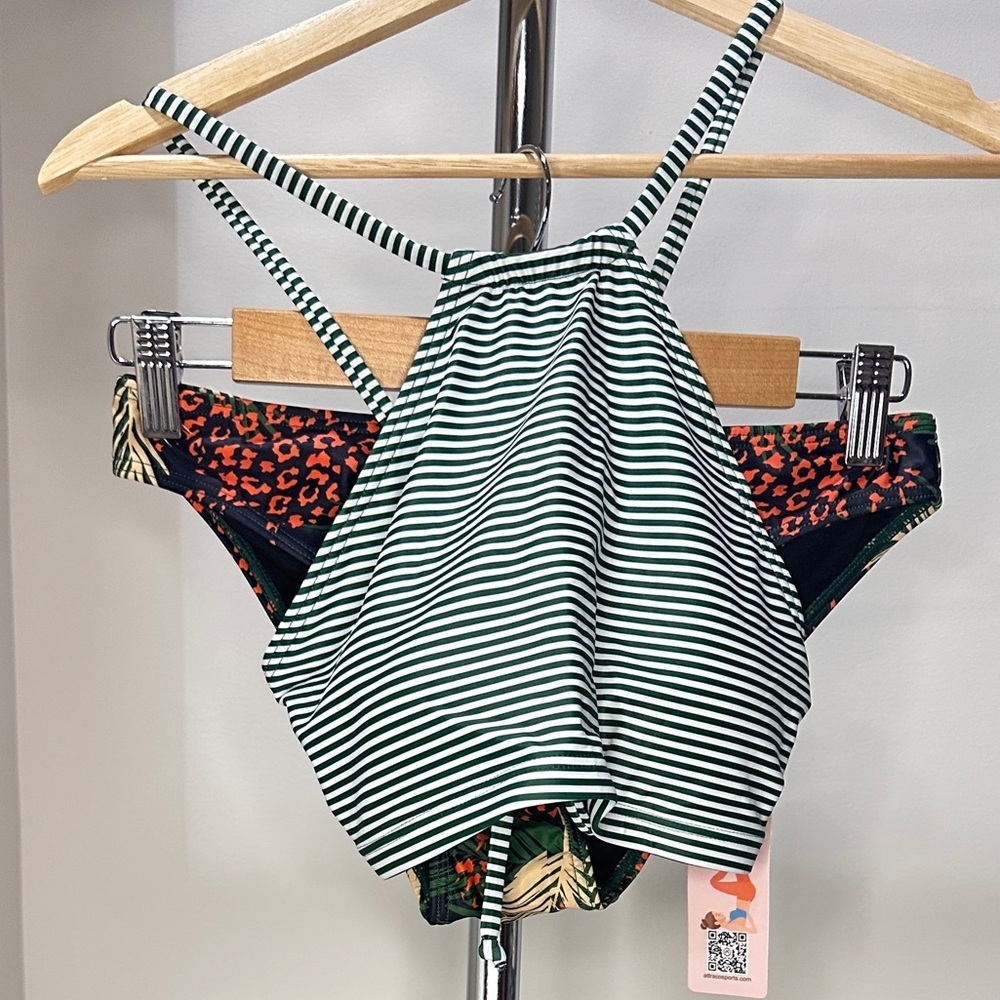 Green and Orange Tropical Print and Striped Bikini with Sporty Design, Small